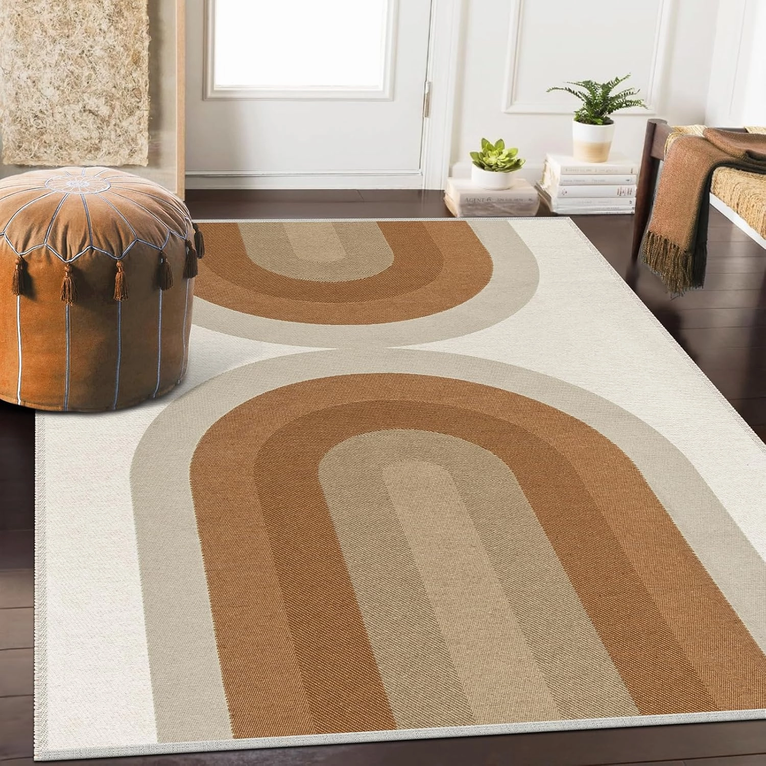 Lahome Boho Rainbow Woven Washable Rugs 5x7, Ultra-Thin Living Room Rugs Bedroom, Modern Cotton Reversible Carpet for Playroom Nursery Dining Room (5'x 7', Khaki)