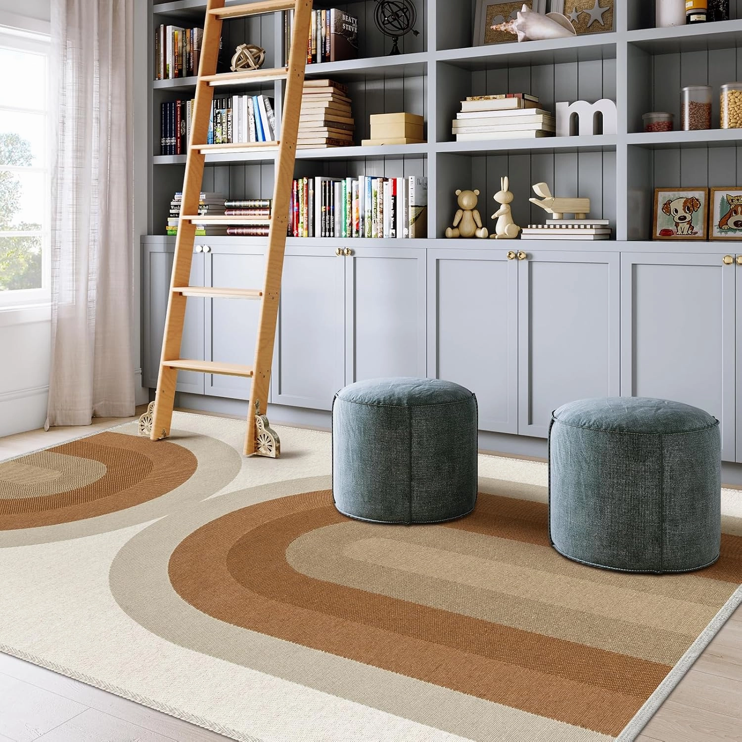 Lahome Boho Rainbow Woven Washable Rugs 5x7, Ultra-Thin Living Room Rugs Bedroom, Modern Cotton Reversible Carpet for Playroom Nursery Dining Room (5'x 7', Khaki)