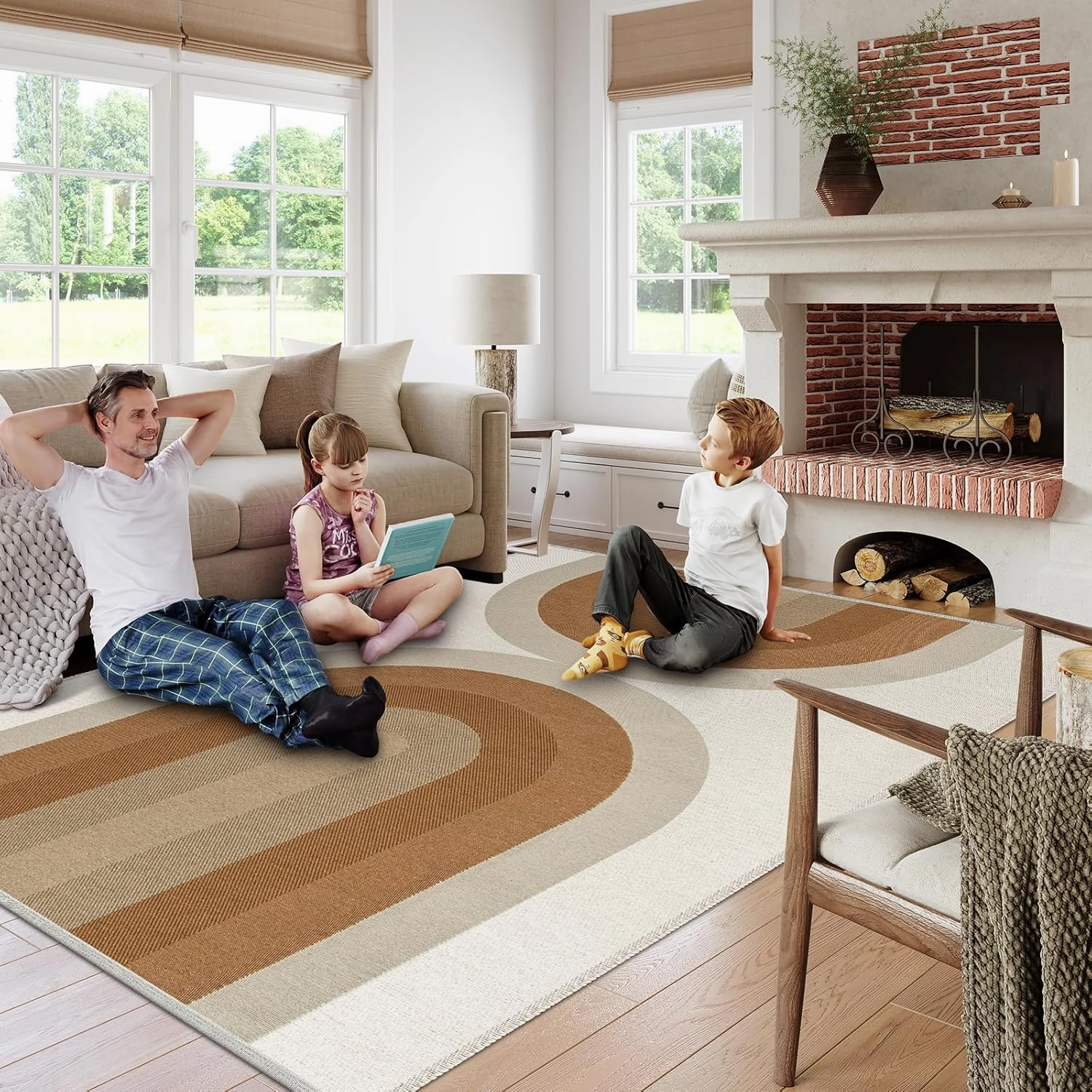 Lahome Boho Rainbow Woven Washable Rugs 5x7, Ultra-Thin Living Room Rugs Bedroom, Modern Cotton Reversible Carpet for Playroom Nursery Dining Room (5'x 7', Khaki)
