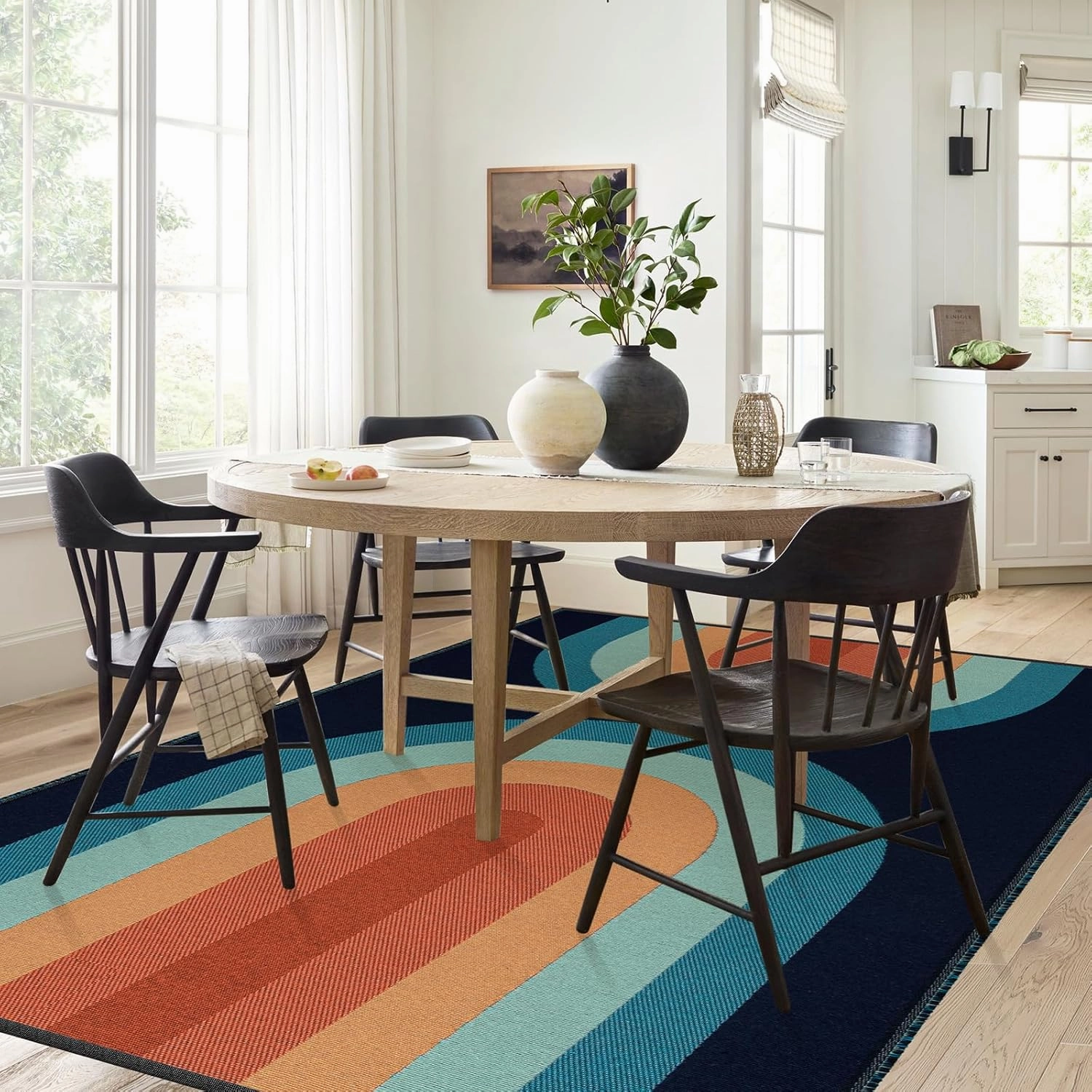 Lahome Boho Washable Kids Rugs 5x7, Ultra-Thin Rainbow Woven Playroom Rugs for Kids Bedroom Dining Room, Cotton Reversible Classroom Rug for Nursery Office (5'x7', Blue)