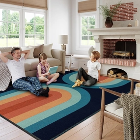 Lahome Boho Washable Kids Rugs 5x7, Ultra-Thin Rainbow Woven Playroom Rugs for Kids Bedroom Dining Room, Cotton Reversible Classroom Rug for Nursery Office (5'x7', Blue)