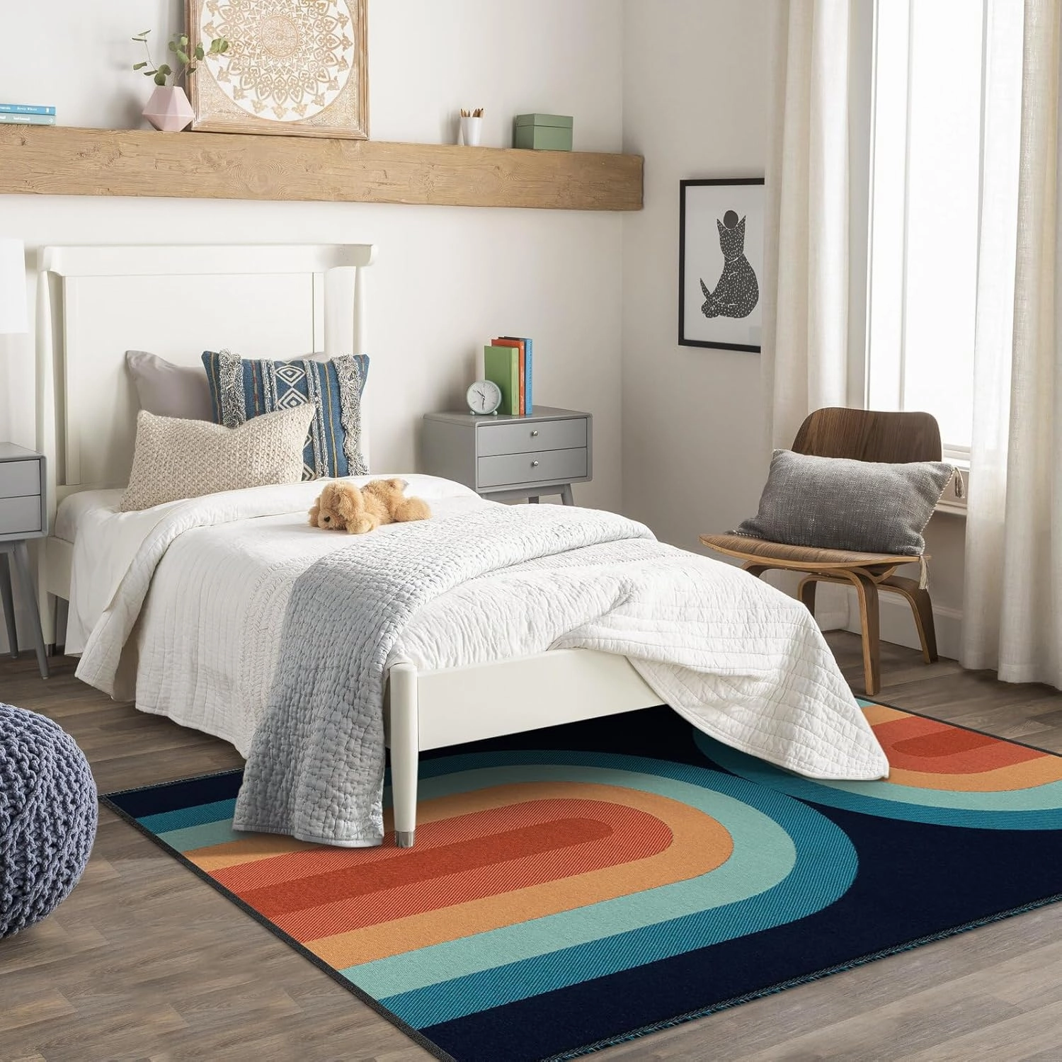 Lahome Boho Washable Kids Rugs 5x7, Ultra-Thin Rainbow Woven Playroom Rugs for Kids Bedroom Dining Room, Cotton Reversible Classroom Rug for Nursery Office (5'x7', Blue)