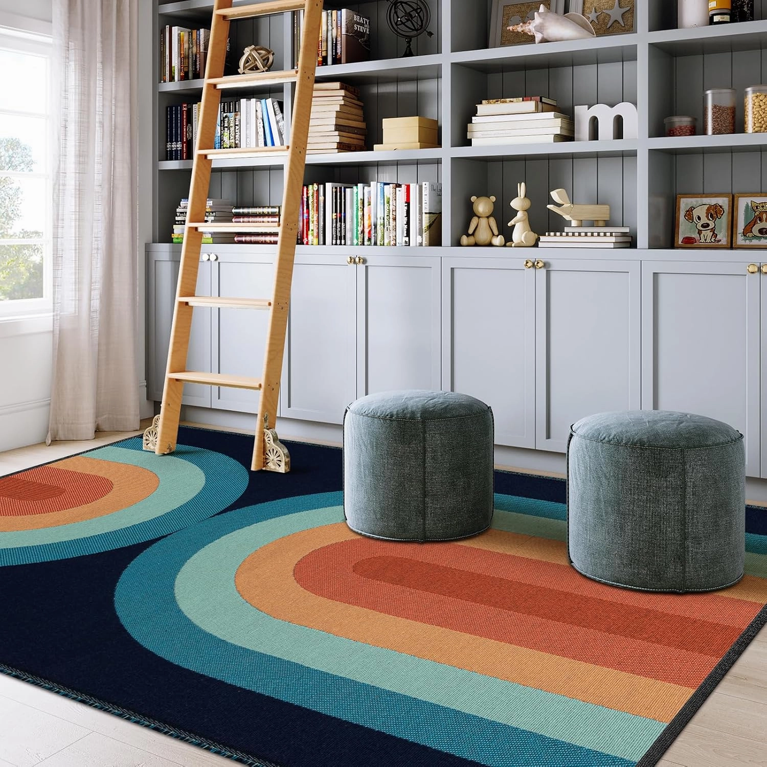 Lahome Boho Washable Kids Rugs 5x7, Ultra-Thin Rainbow Woven Playroom Rugs for Kids Bedroom Dining Room, Cotton Reversible Classroom Rug for Nursery Office (5'x7', Blue)