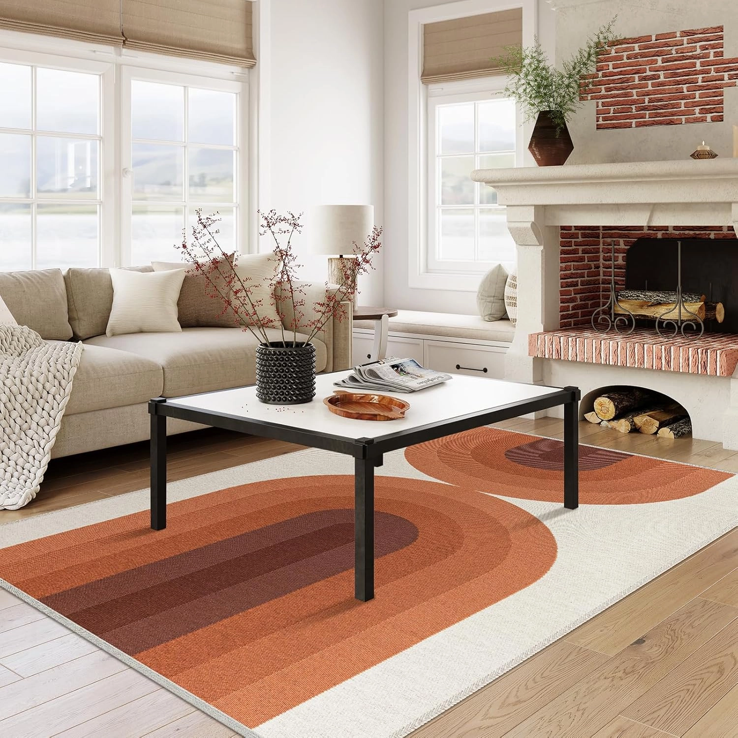 Lahome Washable Boho Rugs for Living Room, Ultra-Thin Orange Woven Nursery Rugs for Bedroom, Modern Cotton Reversible Carpet for Playroom Nursery Dining Room (5'x7', Orange)