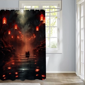 Lanterns Boat Decor Shower Curtain Set, Mysterious Forest Waterway Polyester Shower Curtain for Shower Stall Bathroom Waterproof with 12 Hooks 72x72 Inch