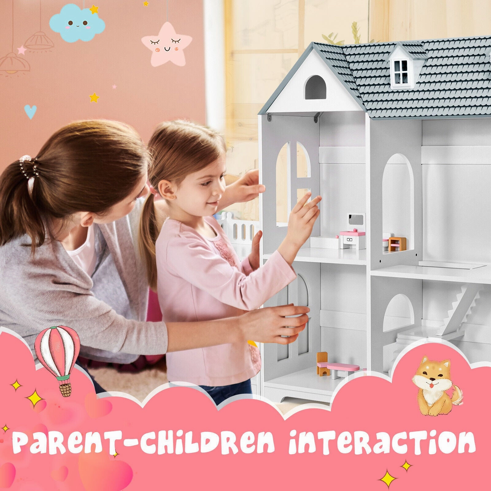 Large Montessori 2-Tier Dollhouse | Role Play | White