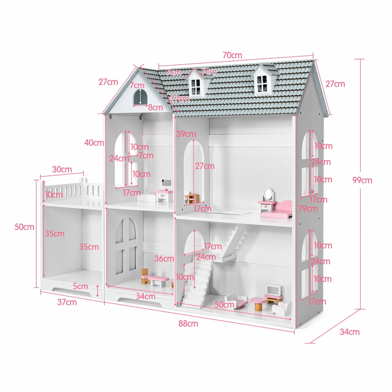 Large Montessori 2-Tier Dollhouse | Role Play | White