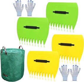 Leaf Scoops Hand Rakes, Leaf Scoops and Claws with Garden Bag and Gloves, Lightweight Plastic Leaf Scoop, Large Leaf Grabbers for Picking Up Leaves, Clippings, Grass(Scoops   Garden Bag)