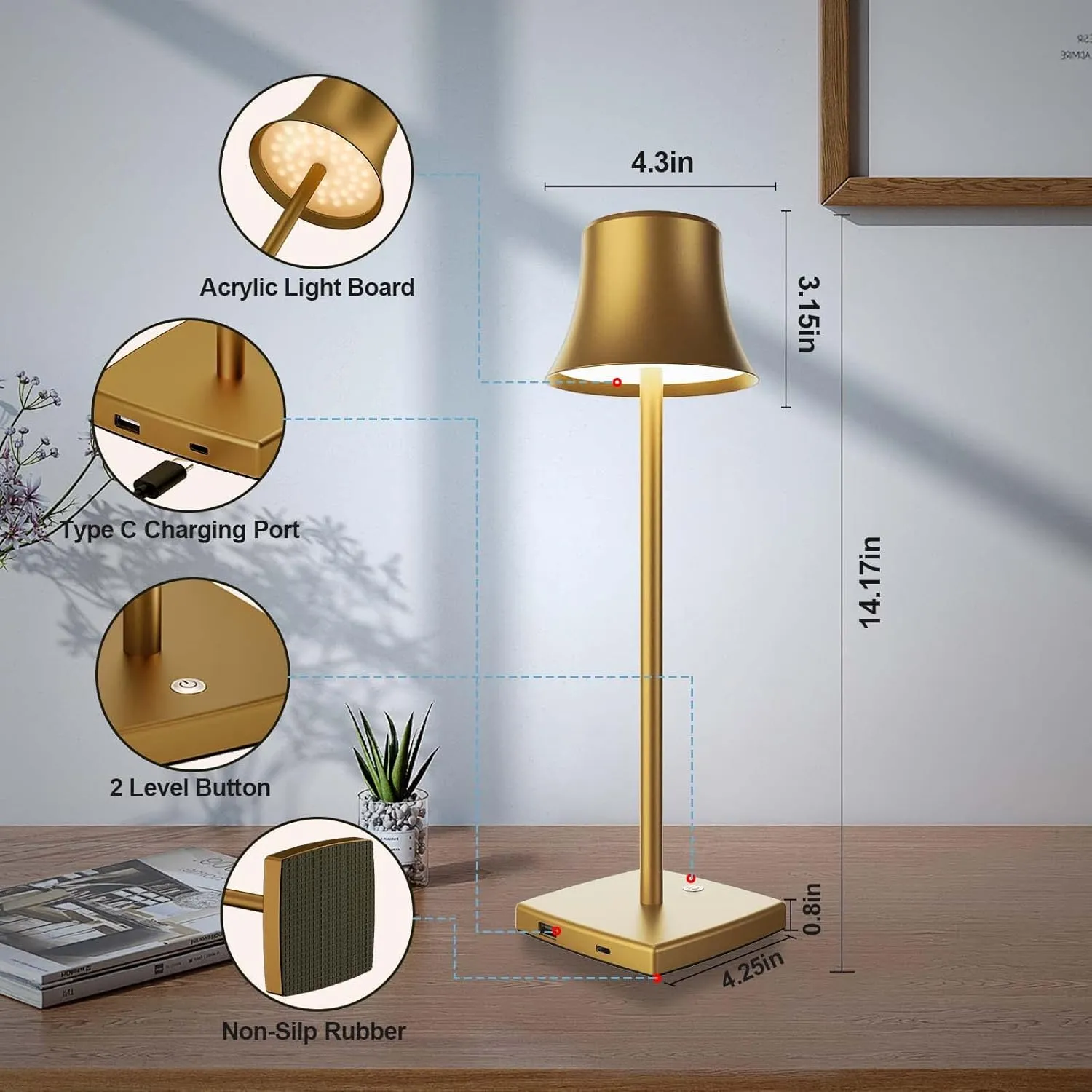 LED Desk Lamp Cordless Table Light, Rechargeable Battery Powered 3 Levels Brightness Dimmable for Outdoor Portable Restaurant Dining Patio Study Reading Desk Lamps Set of 2 Bronze