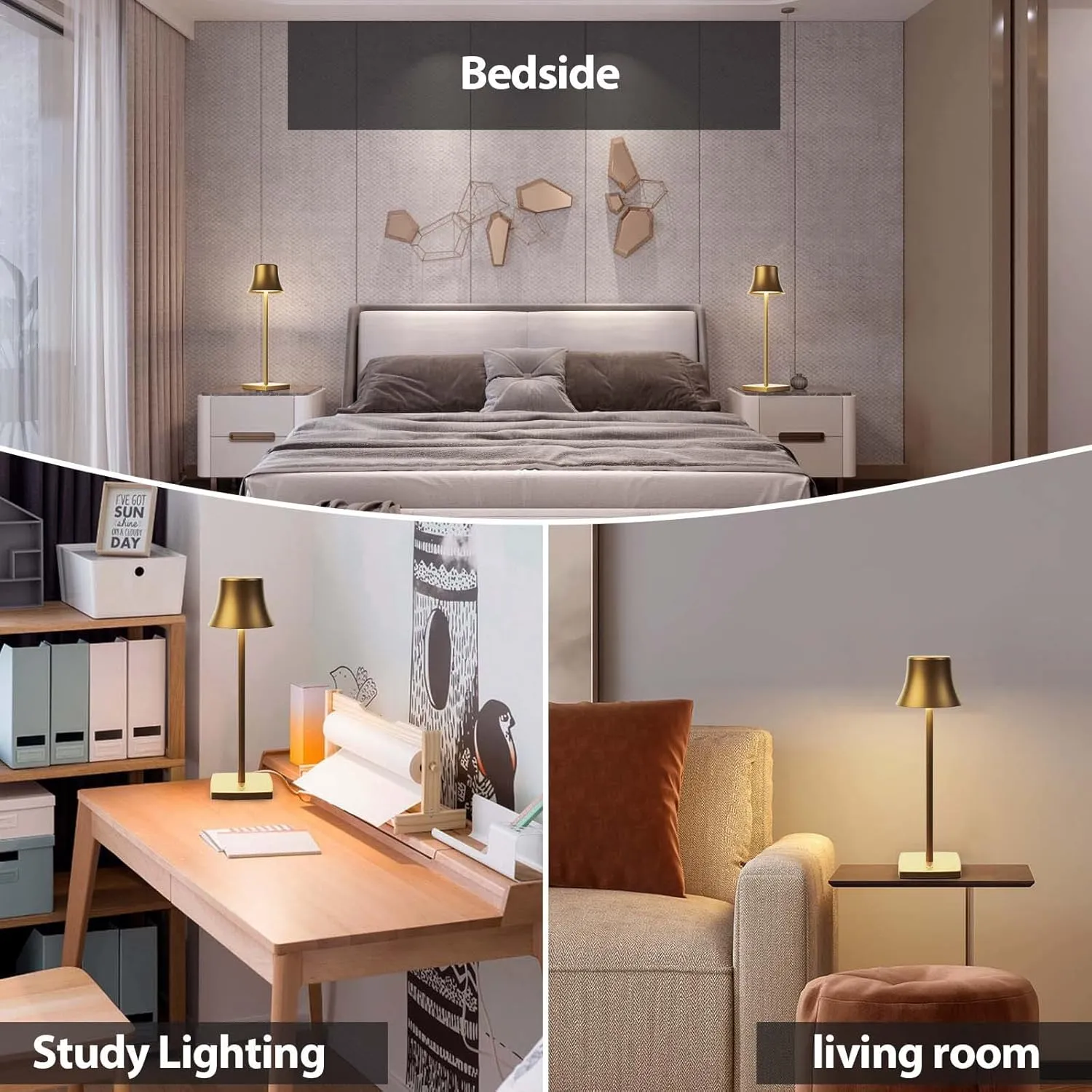 LED Desk Lamp Cordless Table Light, Rechargeable Battery Powered 3 Levels Brightness Dimmable for Outdoor Portable Restaurant Dining Patio Study Reading Desk Lamps Set of 2 Bronze