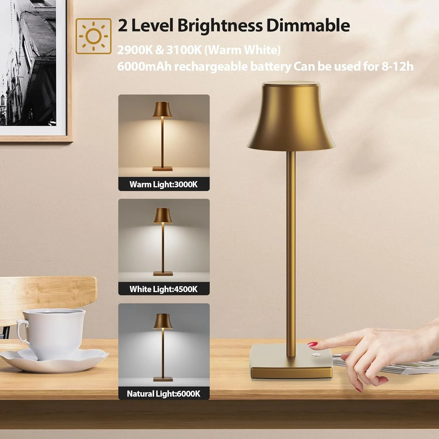 LED Desk Lamp Cordless Table Light, Rechargeable Battery Powered 3 Levels Brightness Dimmable for Outdoor Portable Restaurant Dining Patio Study Reading Desk Lamps Set of 2 Bronze
