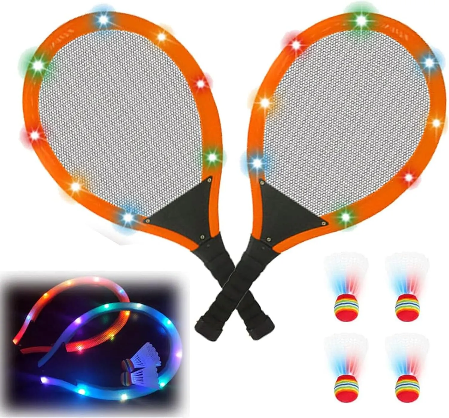 Led Light-Up Badminton Racket Set, Oversized Goose Feather Shuttlecocks for Adolescent Adults Outdoor & Indoor Sports Activities Sport,Glow in The Dark to Illuminate Badminton