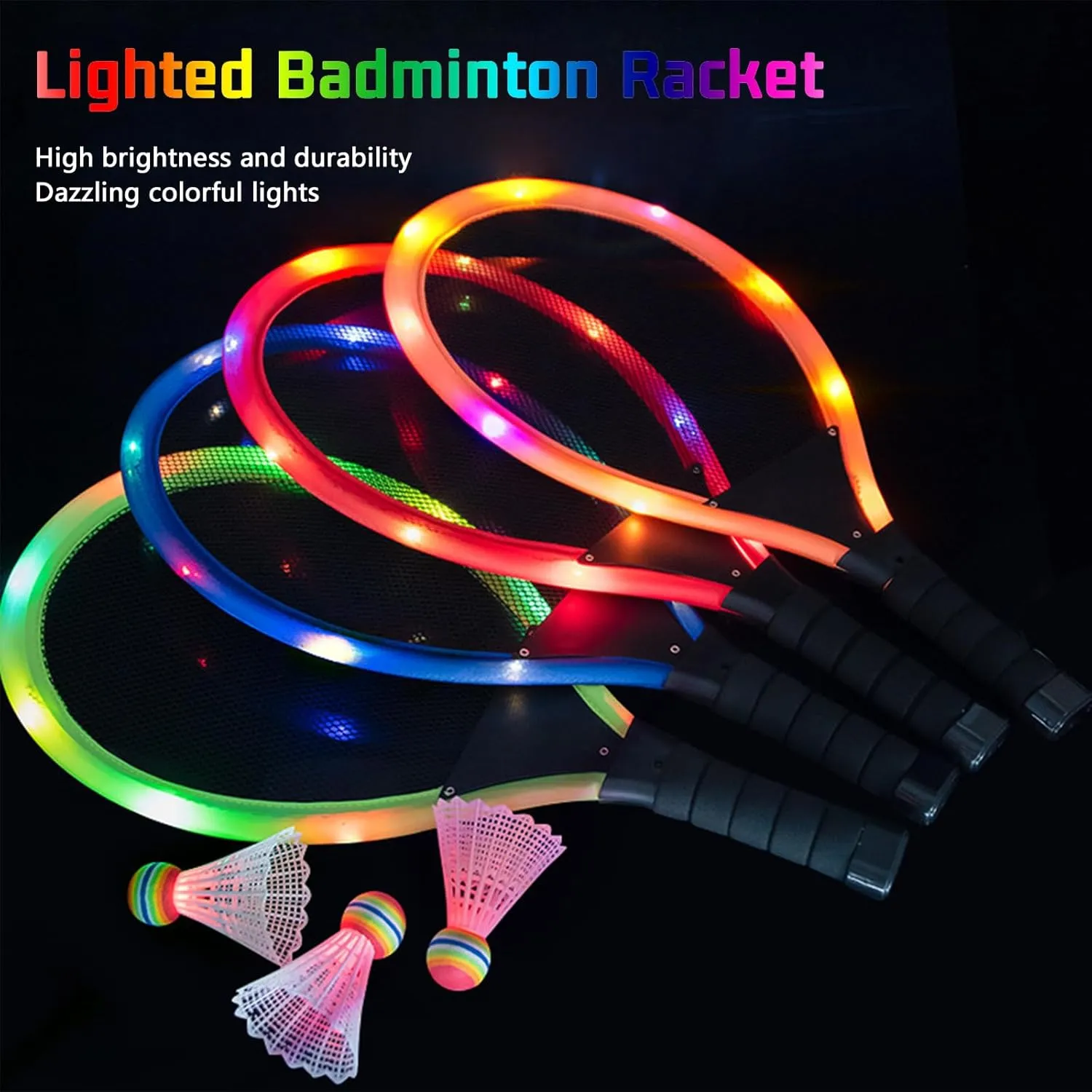 Led Light-Up Badminton Racket Set, Oversized Goose Feather Shuttlecocks for Adolescent Adults Outdoor & Indoor Sports Activities Sport,Glow in The Dark to Illuminate Badminton