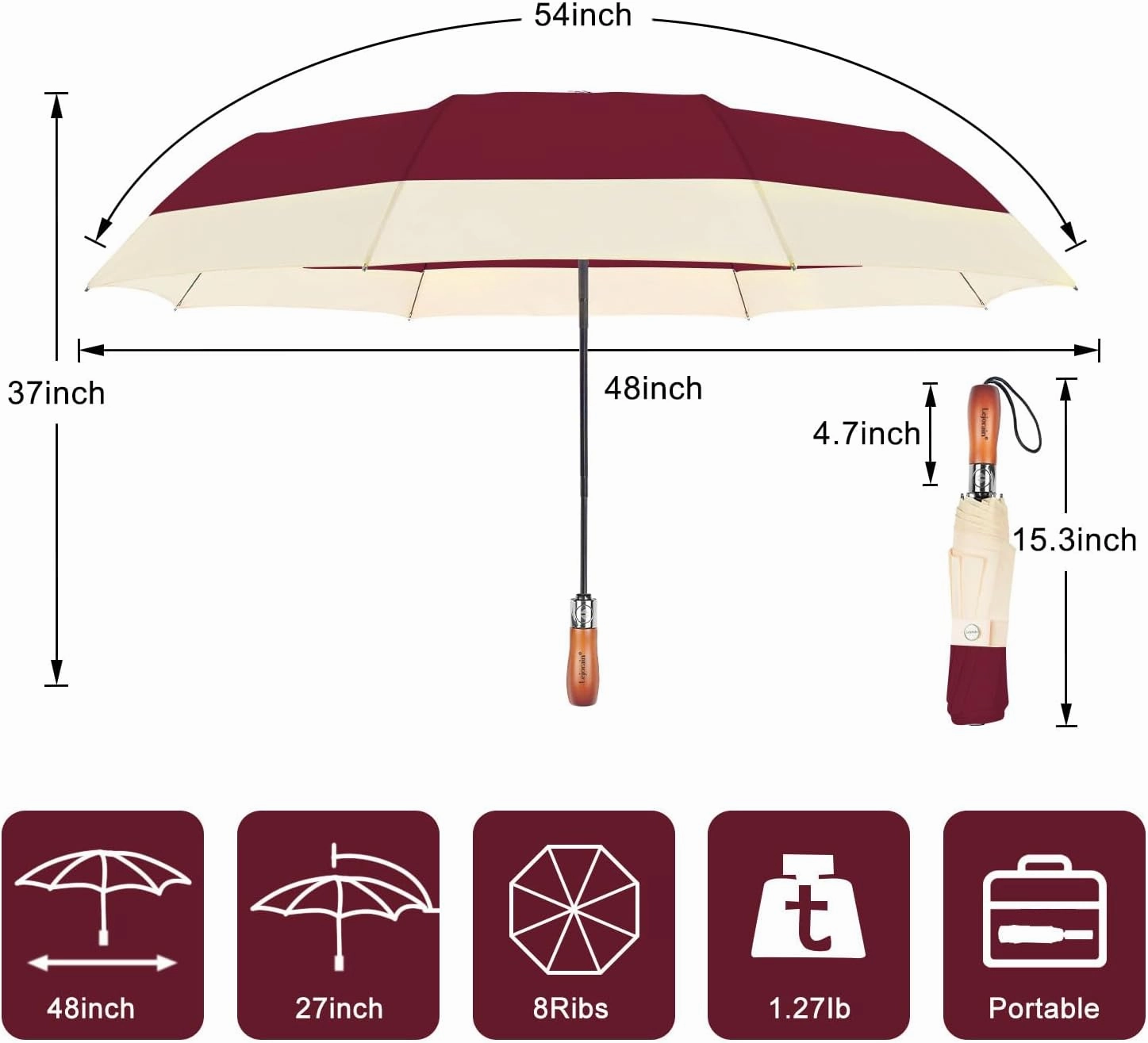 Lejorain Compact Golf Umbrella Large - 54inch Travel Big Portable Automatic Folding Umbrella Windproof for Men Heavy Duty 210T Dupont Teflon Coated Umbrella for Rain