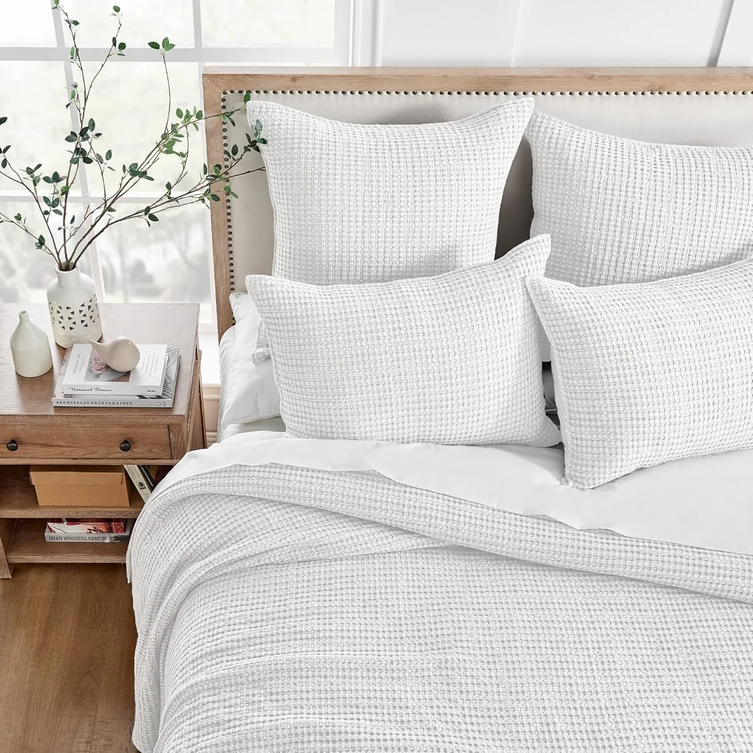 Levtex Home - Mills Waffle - Queen Quilted Bedspread Set - Bright White Cotton Waffle - Bedspread Size (104 x 106in.), Sham Size (26 x 20in.)