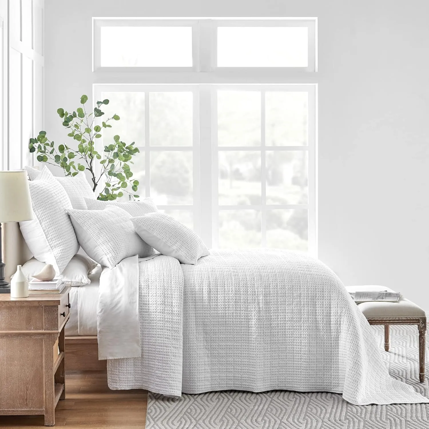 Levtex Home - Mills Waffle - Queen Quilted Bedspread Set - Bright White Cotton Waffle - Bedspread Size (104 x 106in.), Sham Size (26 x 20in.)