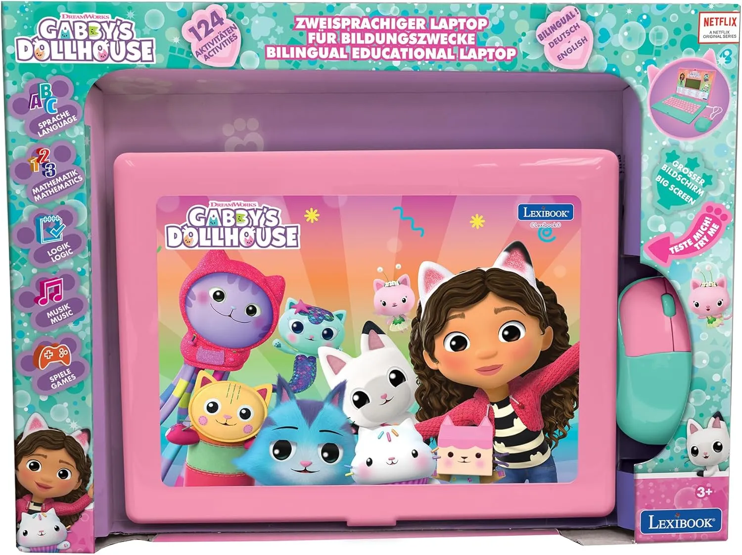 Lexibook, Gabby's Dollhouse German and English Bilingual Educational Computer, 124 Activities in Language, Writing, Math, Logic, Music and Games, Pink/Blue, JC598GDHi3