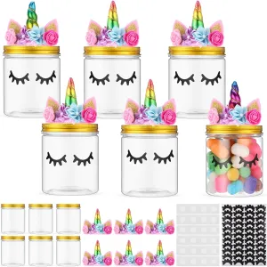 Libima 6 Sets Unicorn Themed Plastic Jars with Lids DIY Plastic Bottles 16 oz Party Candy Jars Unicorn Figures for Baby Shower Birthday Party Decorations(Floral)