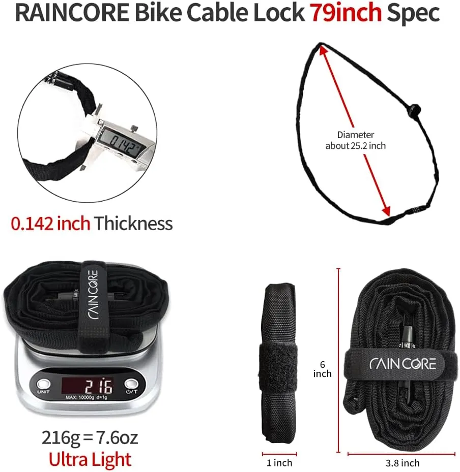 Light Weight Bike Cable Lock for Heavy Duti Anti Theft - 79 inch (200cm) - 0.47lb (216g) - Bike Chain Lock with Chain Cutter Proof Fiber - Patented Korea - Security Cable (79 inches)