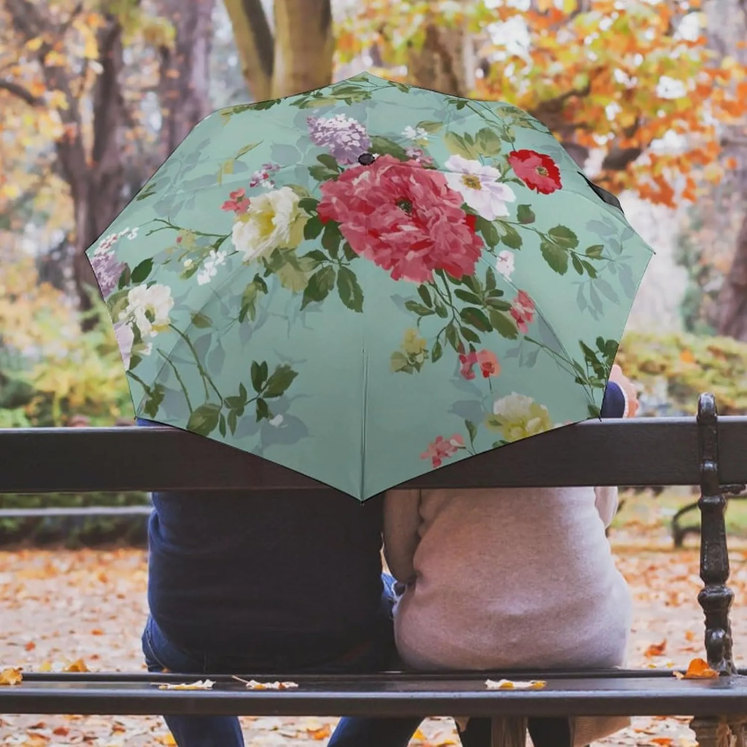 Lightweight Compact Travel Auto Folding Umbrella Reinforced Canopy 8 Ribs - Shabby Chic Flowers Leaves Buds Spring Season Art Outdoor Umbrellas Windproof Rainproof Umbrella