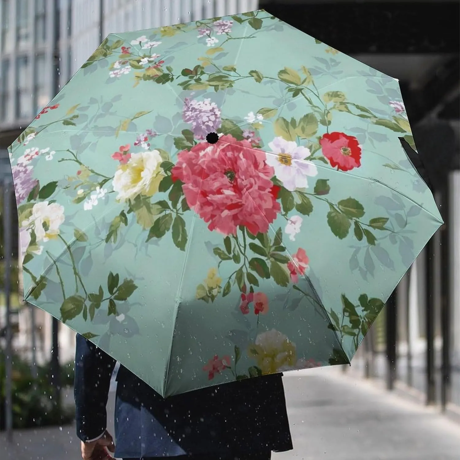 Lightweight Compact Travel Auto Folding Umbrella Reinforced Canopy 8 Ribs - Shabby Chic Flowers Leaves Buds Spring Season Art Outdoor Umbrellas Windproof Rainproof Umbrella