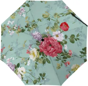 Lightweight Compact Travel Auto Folding Umbrella Reinforced Canopy 8 Ribs - Shabby Chic Flowers Leaves Buds Spring Season Art Outdoor Umbrellas Windproof Rainproof Umbrella