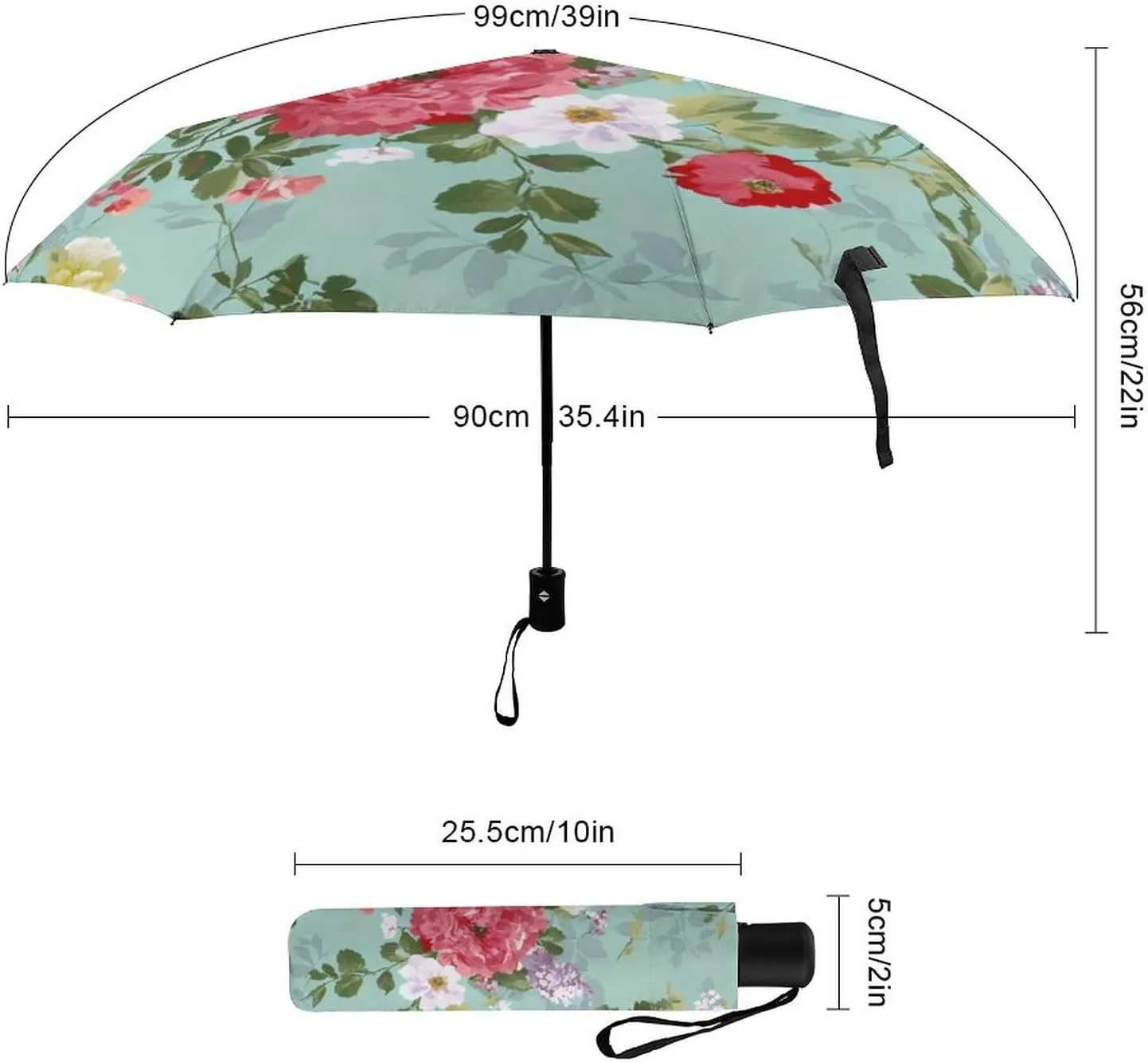 Lightweight Compact Travel Auto Folding Umbrella Reinforced Canopy 8 Ribs - Shabby Chic Flowers Leaves Buds Spring Season Art Outdoor Umbrellas Windproof Rainproof Umbrella