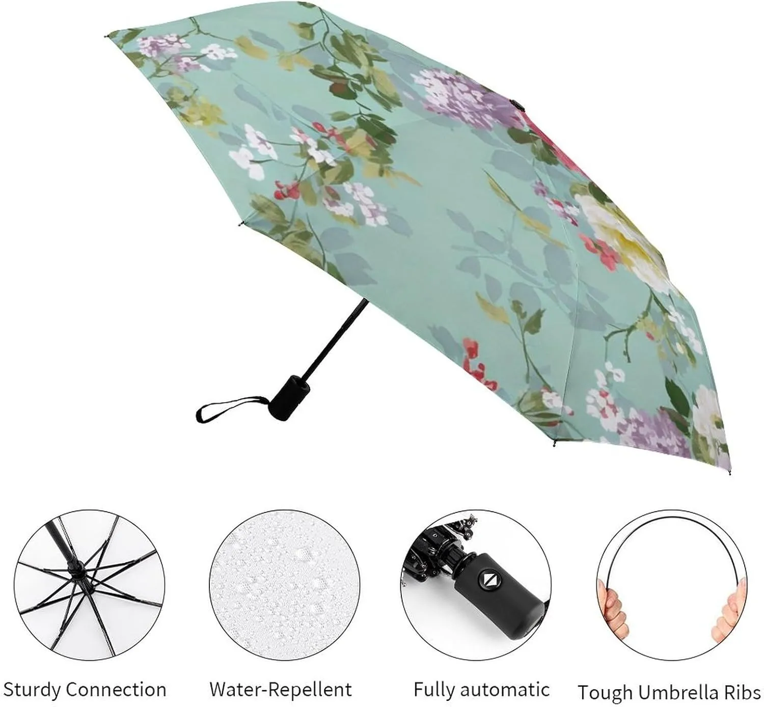 Lightweight Compact Travel Auto Folding Umbrella Reinforced Canopy 8 Ribs - Shabby Chic Flowers Leaves Buds Spring Season Art Outdoor Umbrellas Windproof Rainproof Umbrella