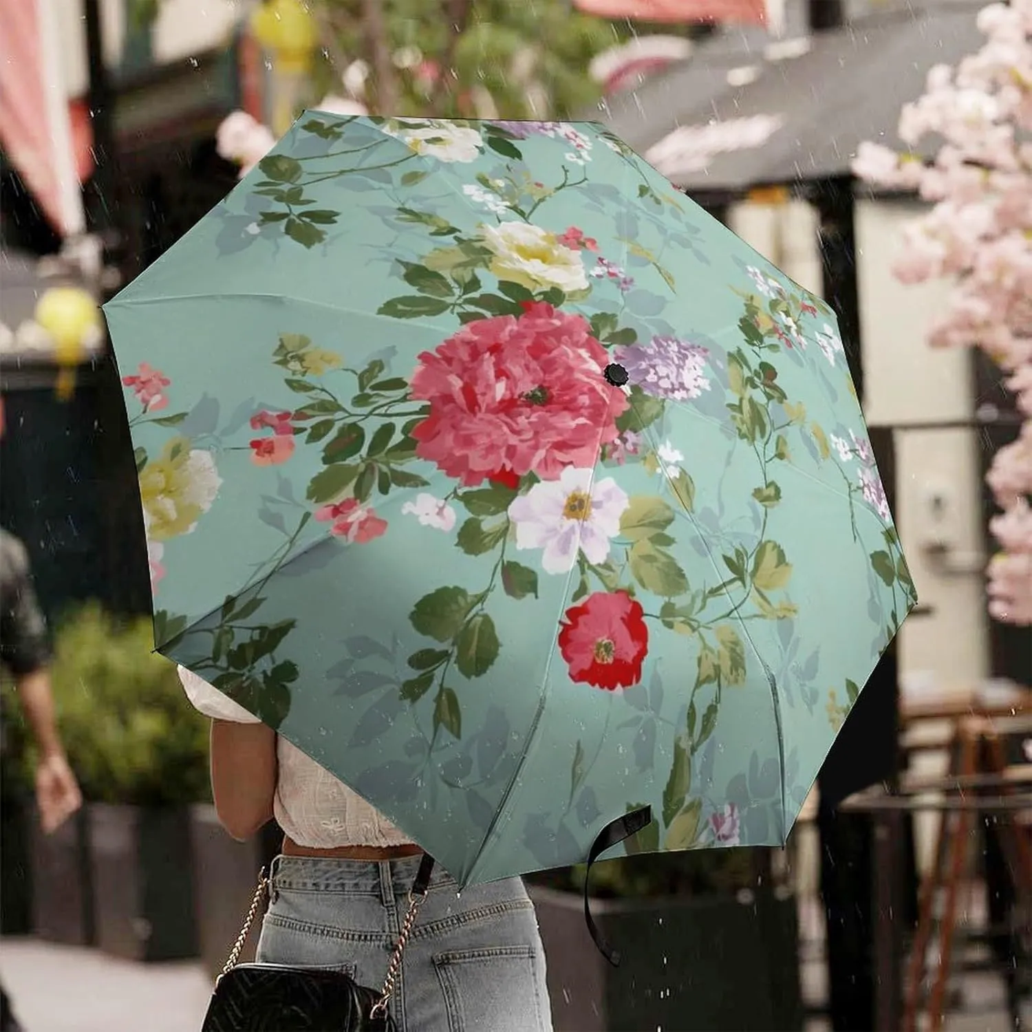 Lightweight Compact Travel Auto Folding Umbrella Reinforced Canopy 8 Ribs - Shabby Chic Flowers Leaves Buds Spring Season Art Outdoor Umbrellas Windproof Rainproof Umbrella