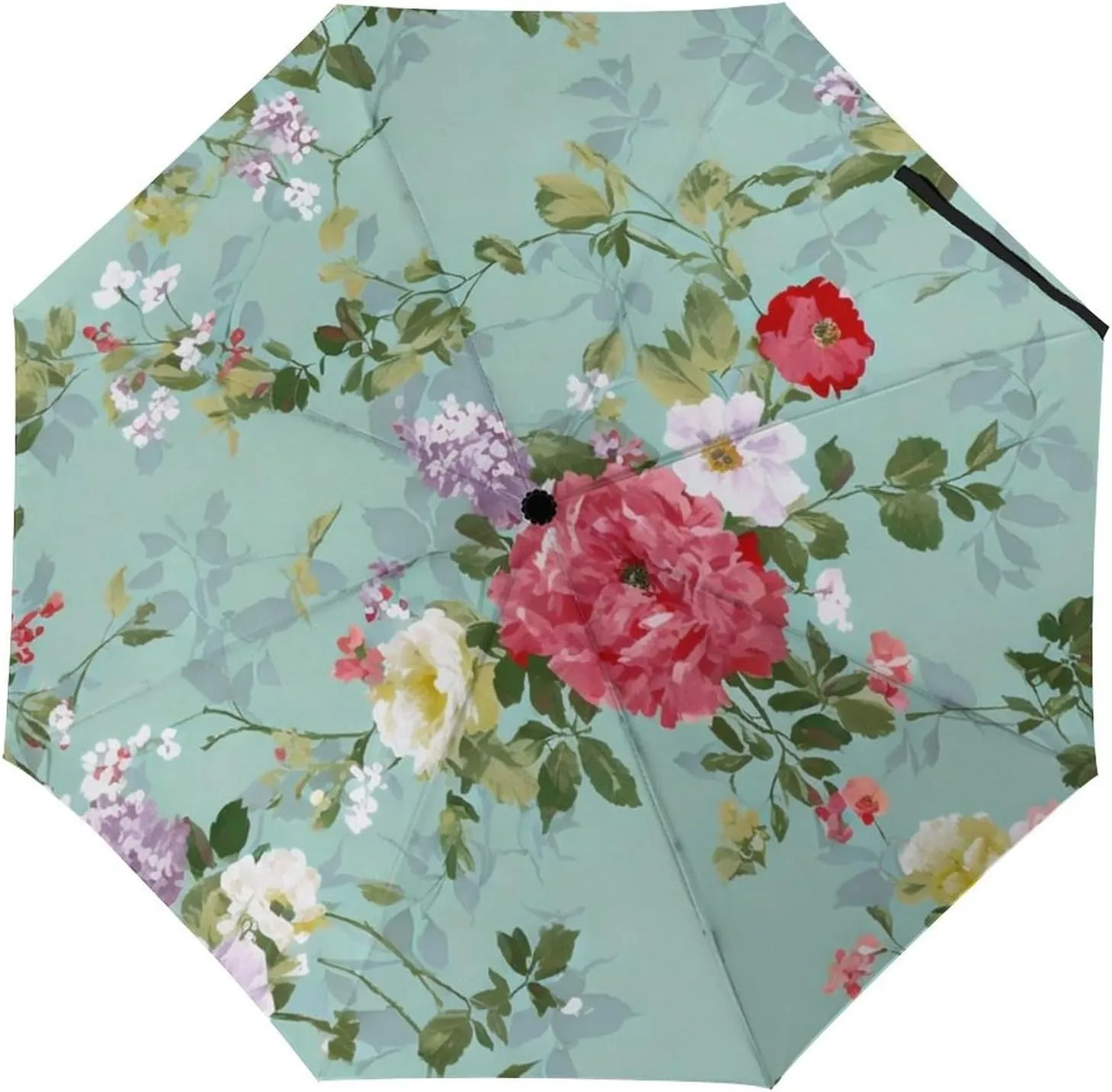 Lightweight Compact Travel Auto Folding Umbrella Reinforced Canopy 8 Ribs - Shabby Chic Flowers Leaves Buds Spring Season Art Outdoor Umbrellas Windproof Rainproof Umbrella