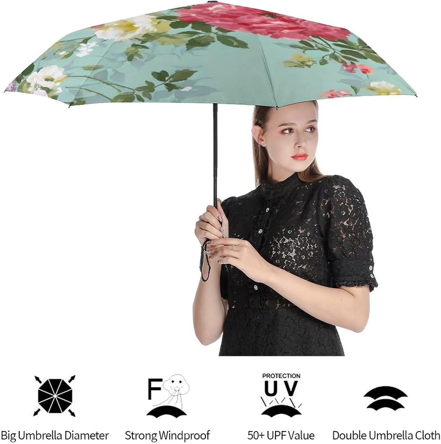 Lightweight Compact Travel Auto Folding Umbrella Reinforced Canopy 8 Ribs - Shabby Chic Flowers Leaves Buds Spring Season Art Outdoor Umbrellas Windproof Rainproof Umbrella