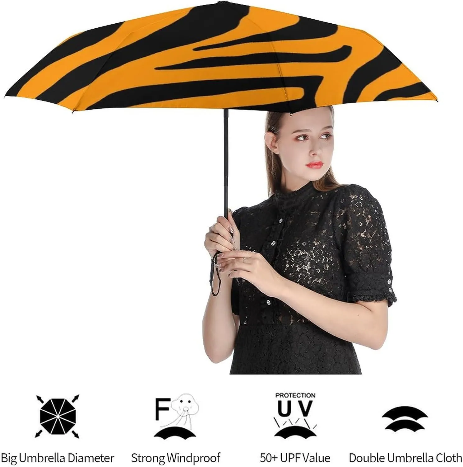 Lightweight Compact Travel Umbrella 95% UV Protection - Animal Print Tiger Stripe Golf Umbrellas Water Repellent Parasol for Business, Travels Or Summer Wedding