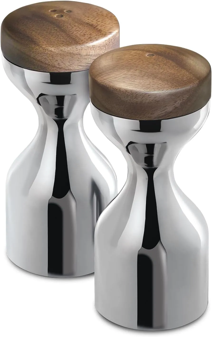 Limbrey Bright Salt & Pepper Mills Set. Made from 18/10 Stainless Steel, Walnut Top. 10 Year Guarantee.
