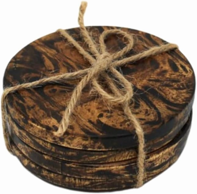 Lipper International Burl Coaster with Teak Bottom, Set of 4, Brown, Acacia