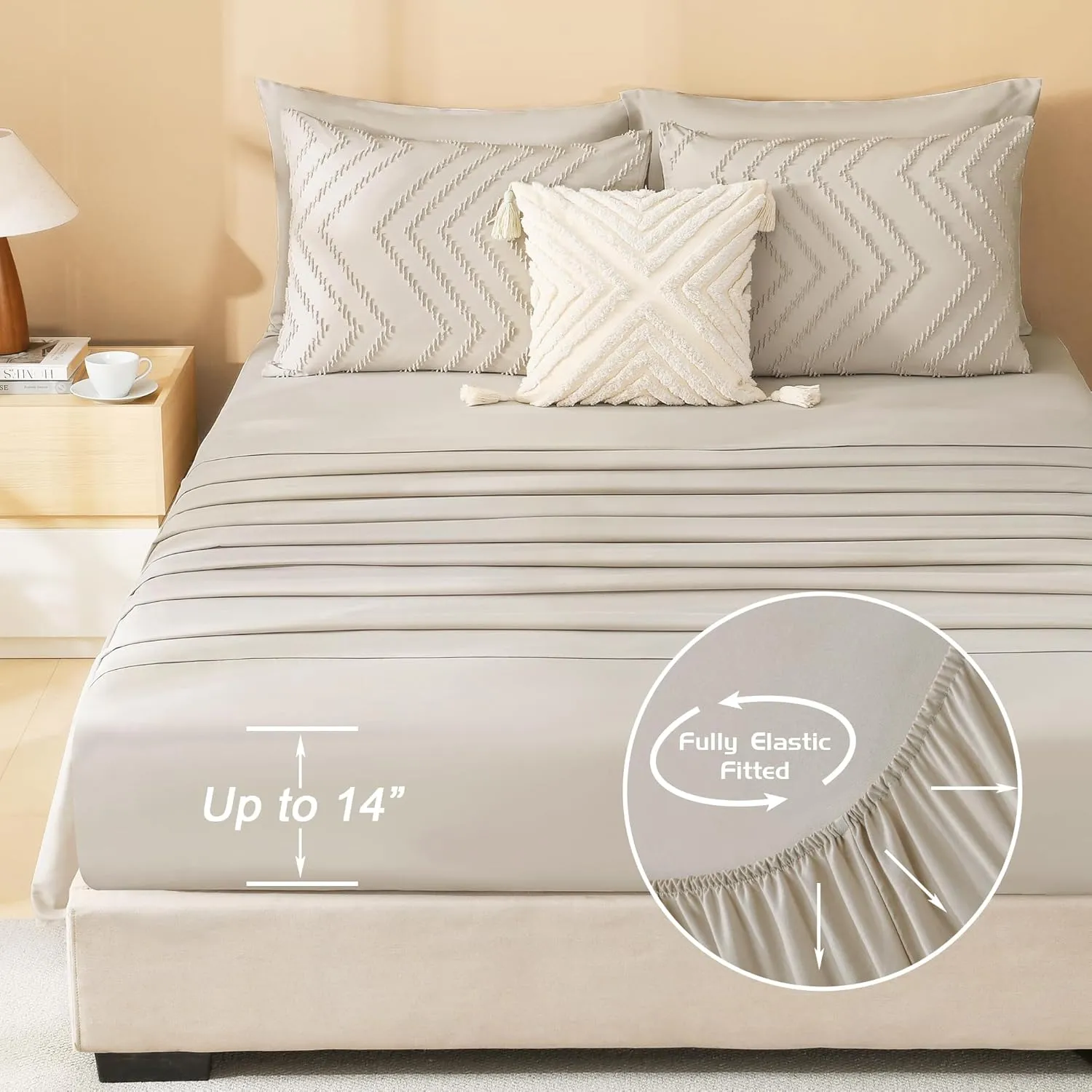 Litanika Comforter King Size Set with Sheets Beige - 7 Pieces Bed in a Bag King Chevron Tufted Complete Beddding Sets with Comforter, Sheets, Pillowcases & Shams