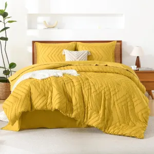 Litanika Queen Size Comforter Set with Sheets Mustard Yellow - 7 Pieces Bed in a Bag Queen Chevron Tufted Complete Beddding Sets with Comforter, Sheets, Pillowcases & Shams