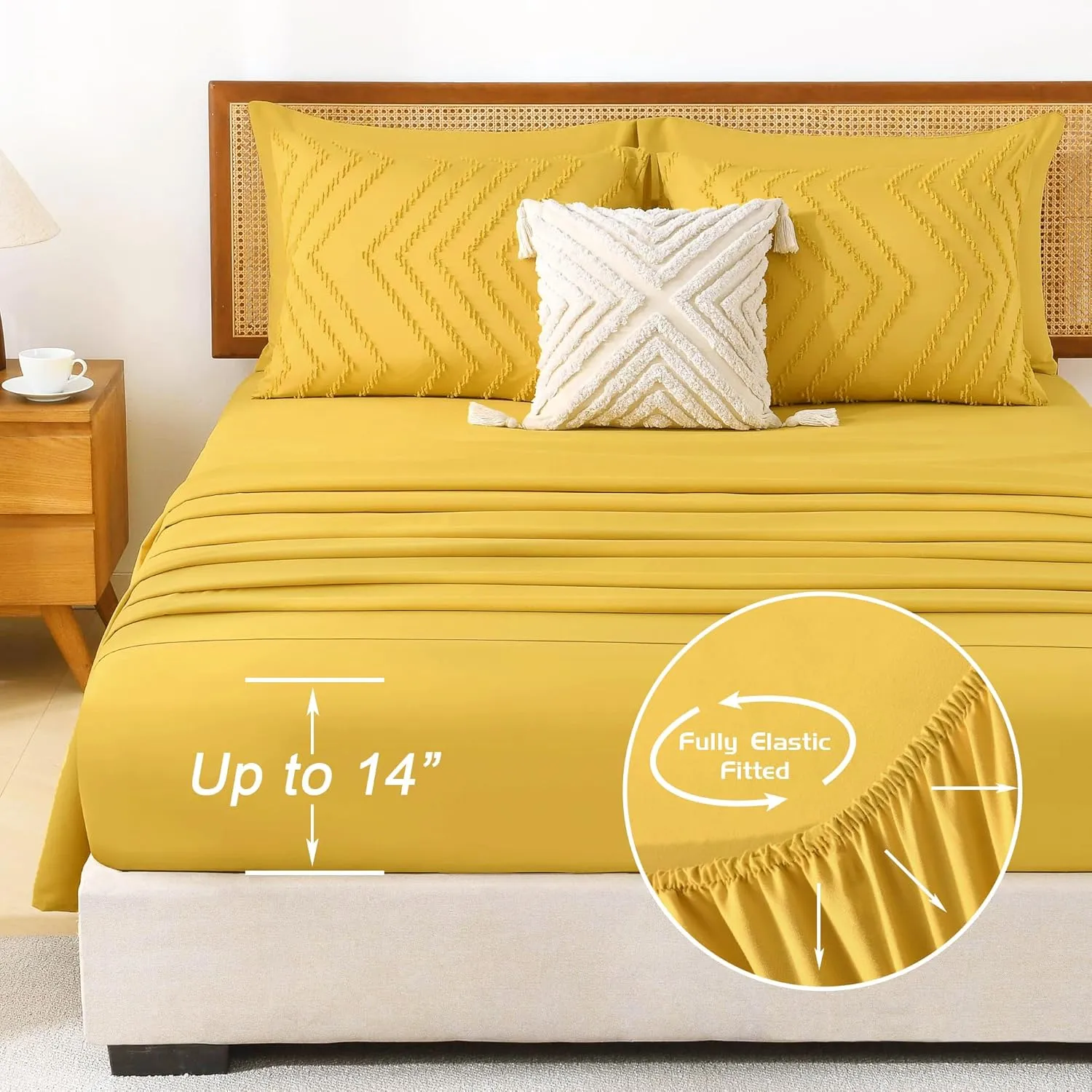 Litanika Queen Size Comforter Set with Sheets Mustard Yellow - 7 Pieces Bed in a Bag Queen Chevron Tufted Complete Beddding Sets with Comforter, Sheets, Pillowcases & Shams