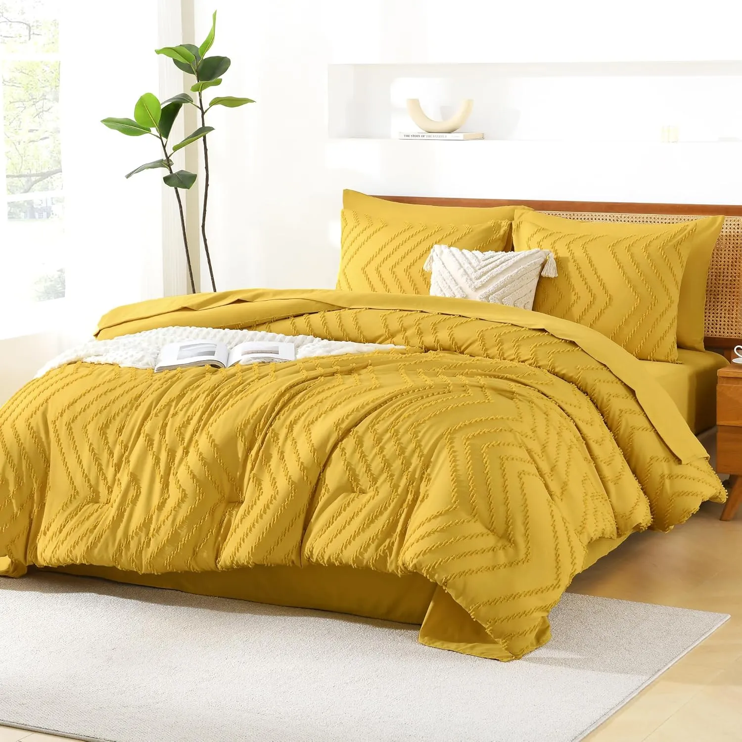Litanika Queen Size Comforter Set with Sheets Mustard Yellow - 7 Pieces Bed in a Bag Queen Chevron Tufted Complete Beddding Sets with Comforter, Sheets, Pillowcases & Shams
