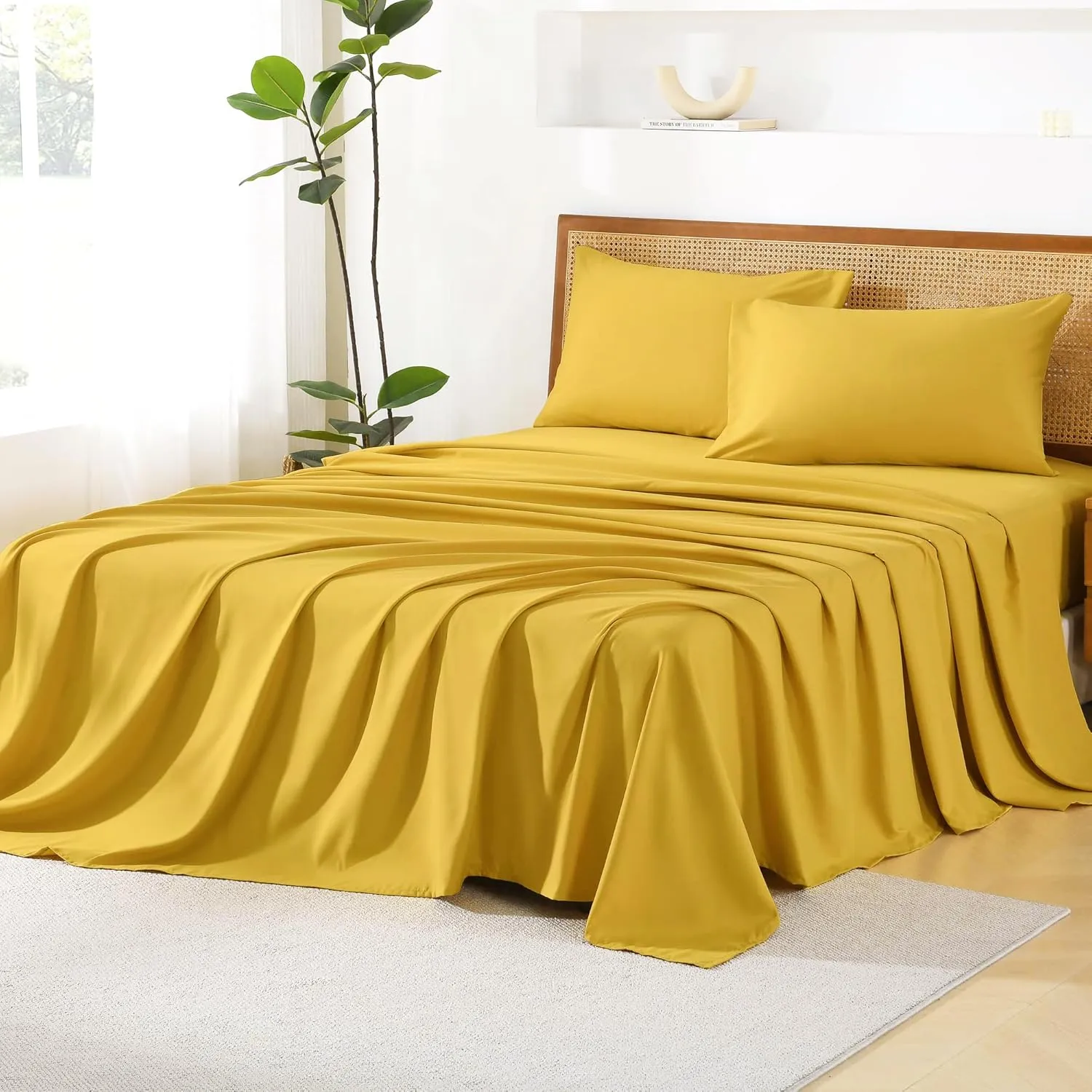 Litanika Queen Size Comforter Set with Sheets Mustard Yellow - 7 Pieces Bed in a Bag Queen Chevron Tufted Complete Beddding Sets with Comforter, Sheets, Pillowcases & Shams