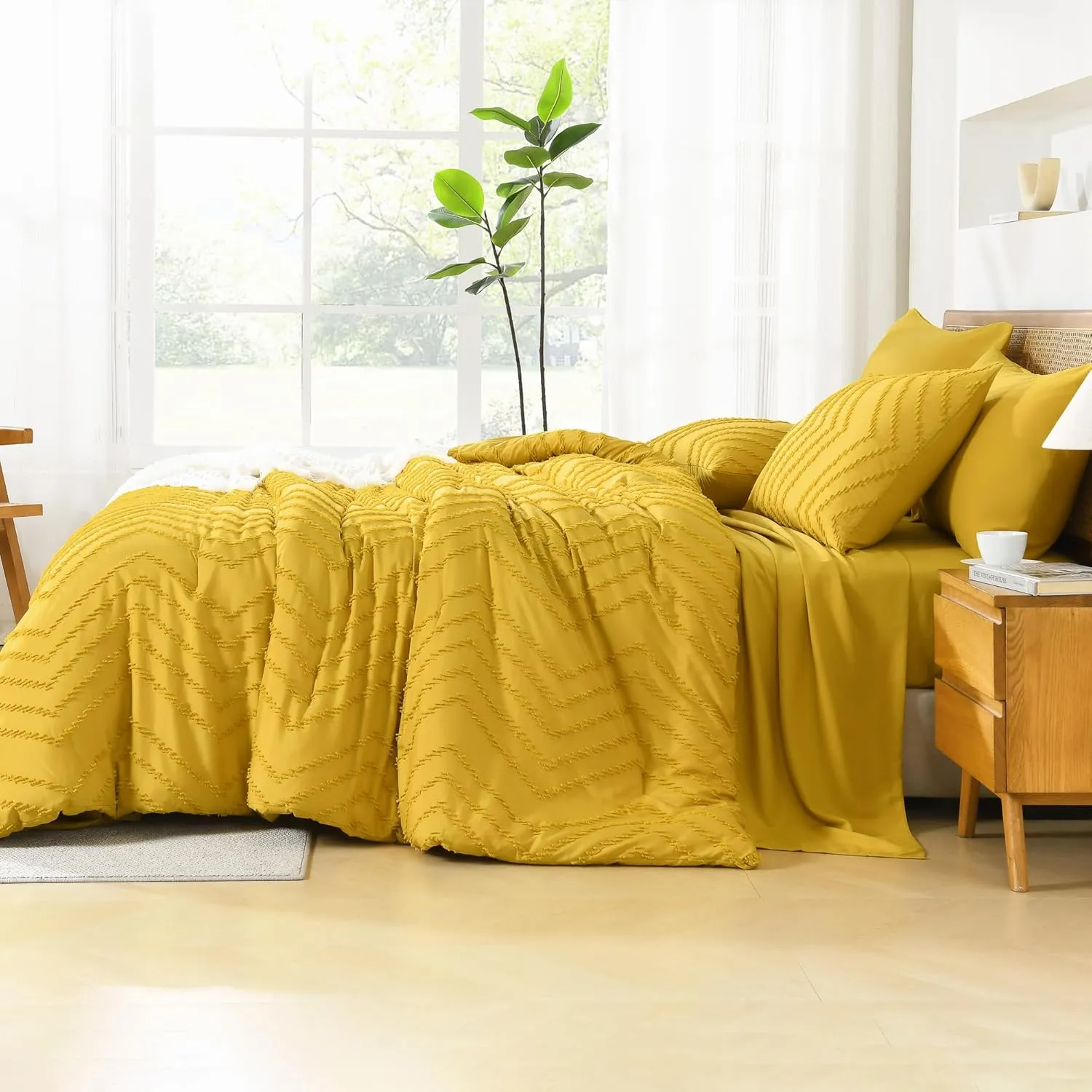 Litanika Queen Size Comforter Set with Sheets Mustard Yellow - 7 Pieces Bed in a Bag Queen Chevron Tufted Complete Beddding Sets with Comforter, Sheets, Pillowcases & Shams