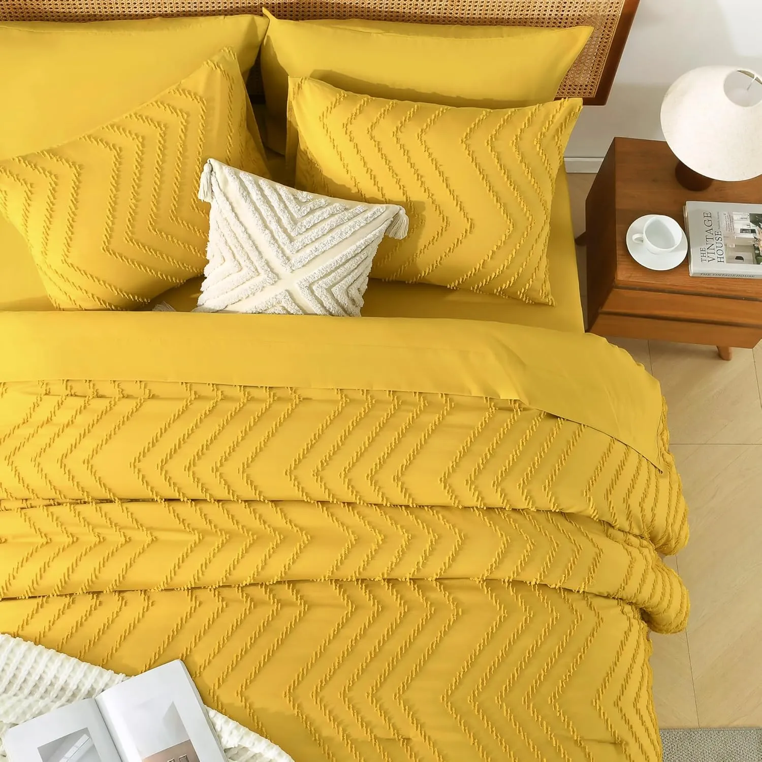 Litanika Queen Size Comforter Set with Sheets Mustard Yellow - 7 Pieces Bed in a Bag Queen Chevron Tufted Complete Beddding Sets with Comforter, Sheets, Pillowcases & Shams