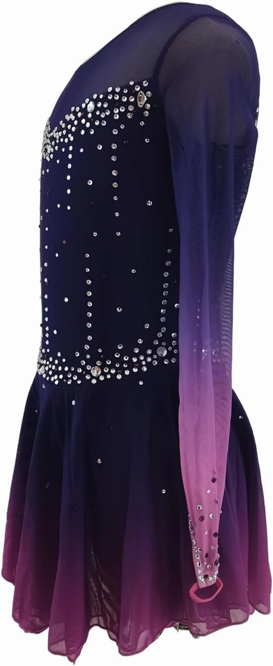 LIUHUO Figure Skating Dress Gradient Purple Mesh Skirt Girl Hook Sleeves Competition Performance