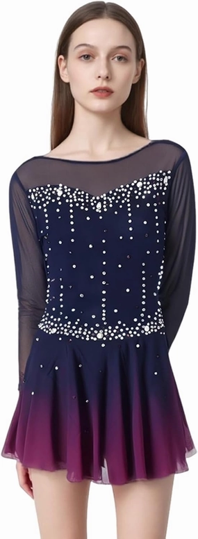 LIUHUO Figure Skating Dress Gradient Purple Mesh Skirt Girl Hook Sleeves Competition Performance