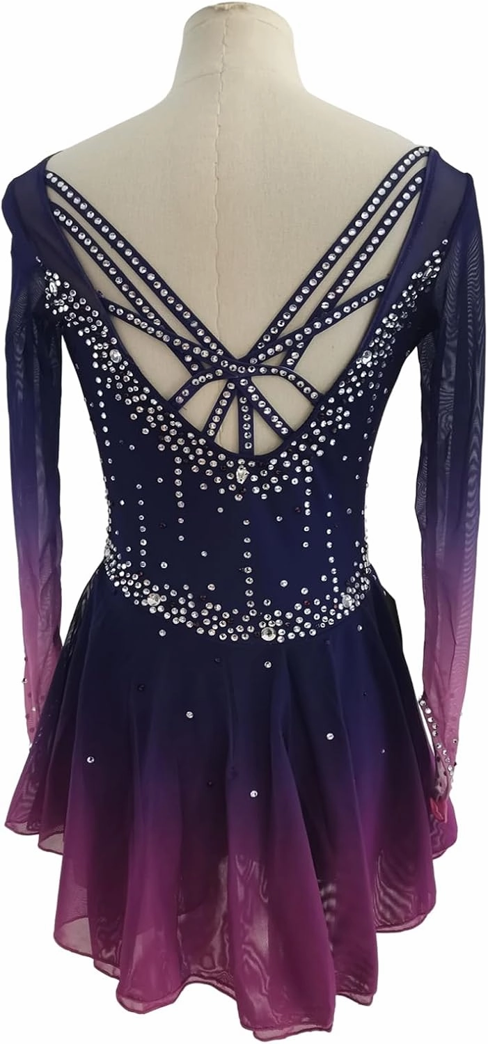 LIUHUO Figure Skating Dress Gradient Purple Mesh Skirt Girl Hook Sleeves Competition Performance