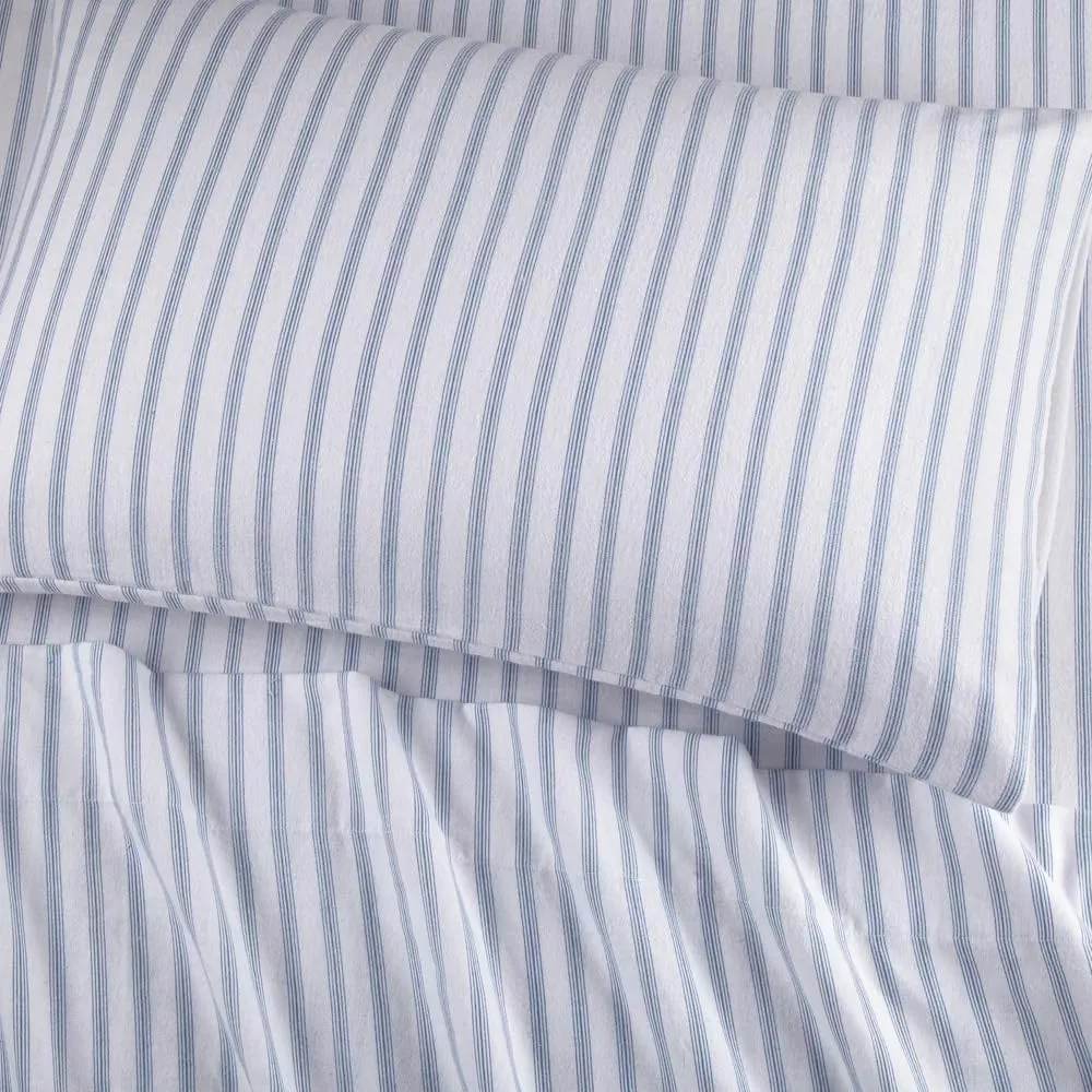 Lodge & Linen Flannel Sheets Queen Size Rich Cotton -High GSM Flannel Bed Sheet Deep Pockets - Warm & Cozy Flannel Sheet Set for All Seasons (Blue Stripes)