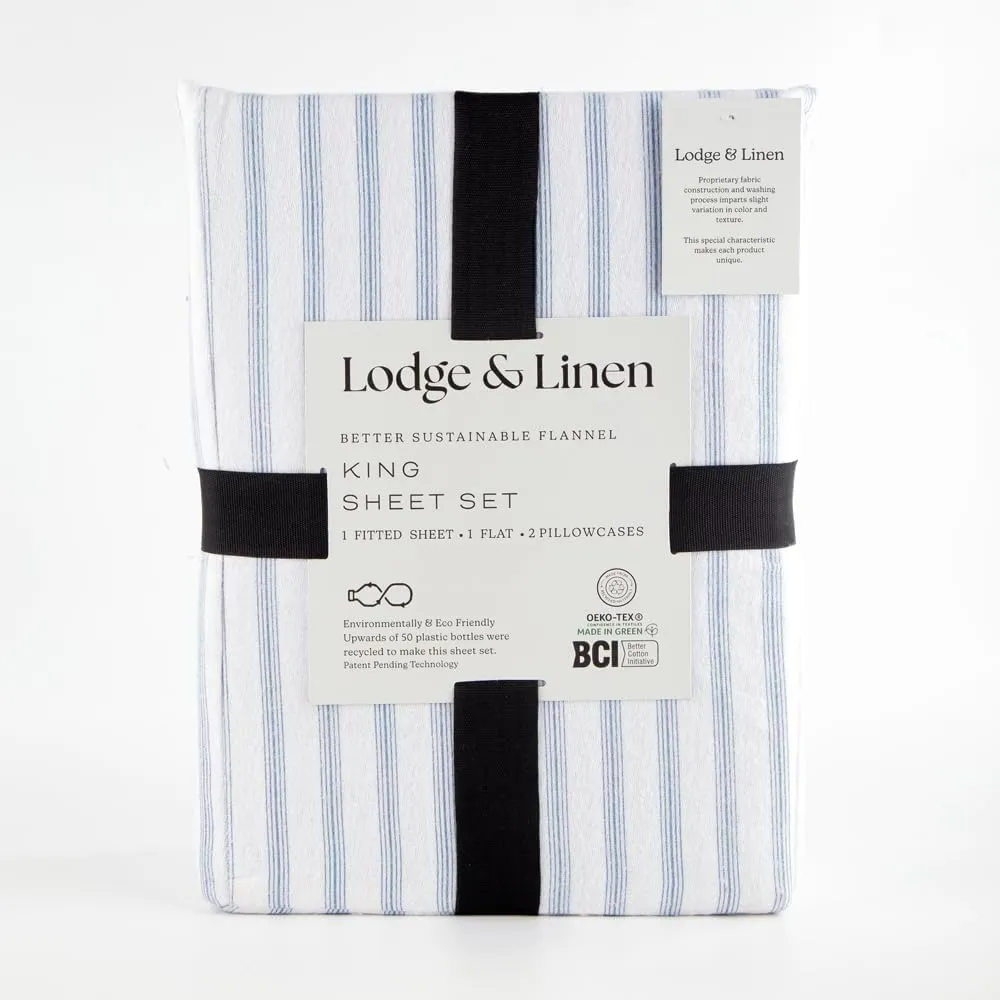 Lodge & Linen Flannel Sheets Queen Size Rich Cotton -High GSM Flannel Bed Sheet Deep Pockets - Warm & Cozy Flannel Sheet Set for All Seasons (Blue Stripes)