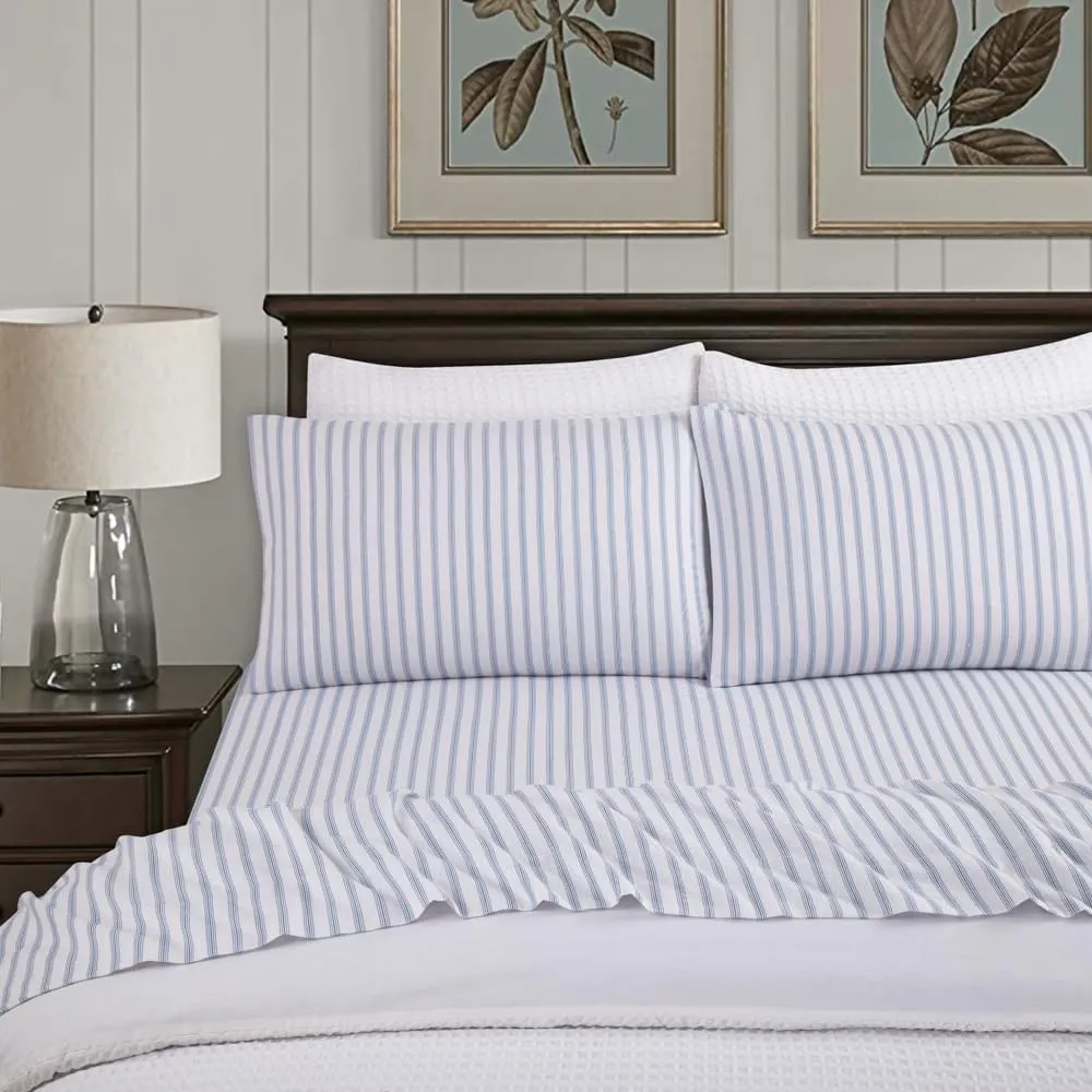 Lodge & Linen Flannel Sheets Queen Size Rich Cotton -High GSM Flannel Bed Sheet Deep Pockets - Warm & Cozy Flannel Sheet Set for All Seasons (Blue Stripes)