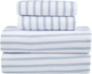 Lodge & Linen Flannel Sheets Queen Size Rich Cotton -High GSM Flannel Bed Sheet Deep Pockets - Warm & Cozy Flannel Sheet Set for All Seasons (Blue Stripes)