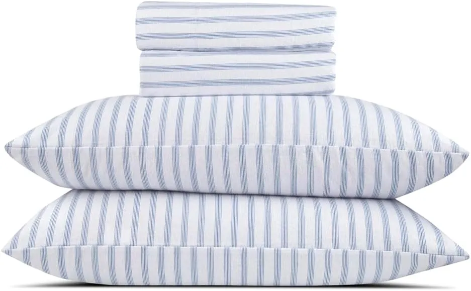 Lodge & Linen Flannel Sheets Queen Size Rich Cotton -High GSM Flannel Bed Sheet Deep Pockets - Warm & Cozy Flannel Sheet Set for All Seasons (Blue Stripes)