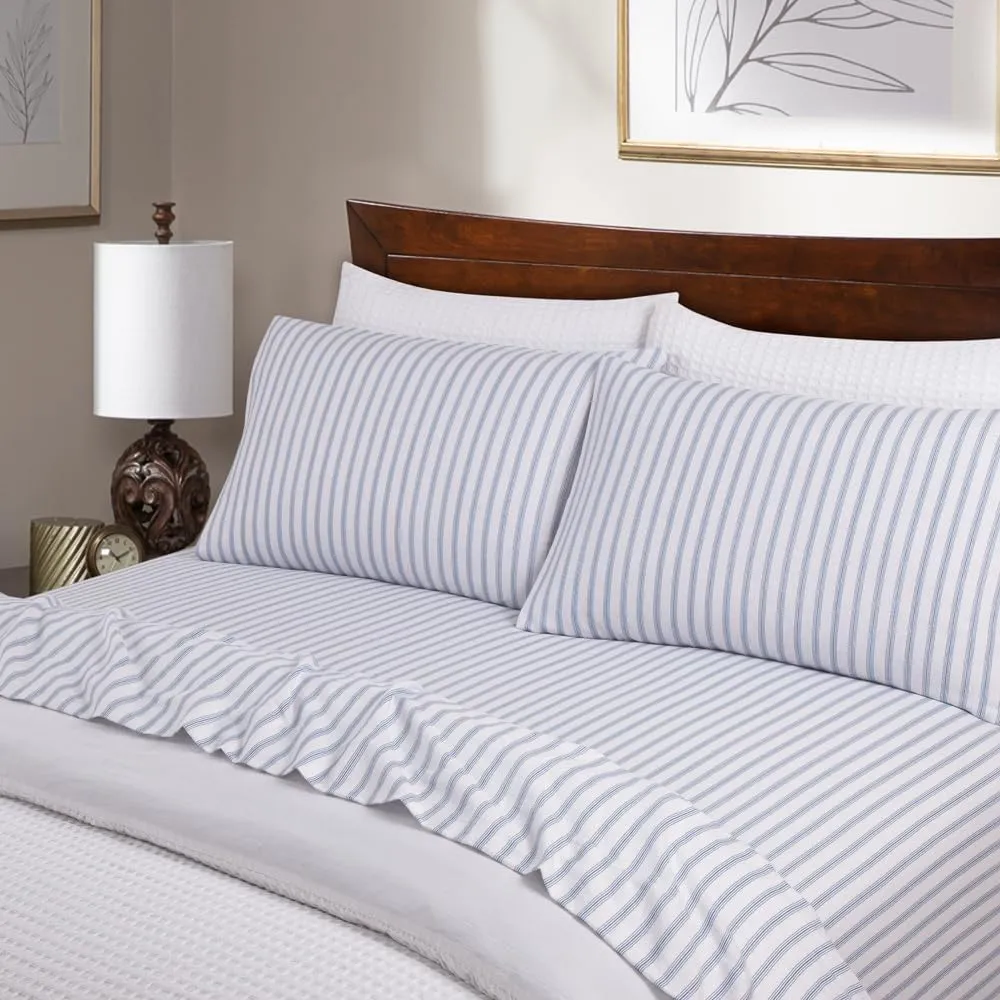 Lodge & Linen Flannel Sheets Queen Size Rich Cotton -High GSM Flannel Bed Sheet Deep Pockets - Warm & Cozy Flannel Sheet Set for All Seasons (Blue Stripes)